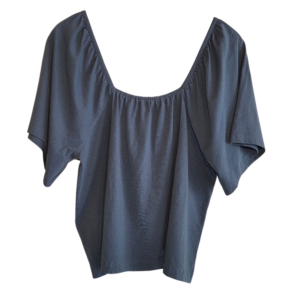 Pact Blue Organic Cotton Blend Peasant Square Neck Top Sz L Casual Summer Beach